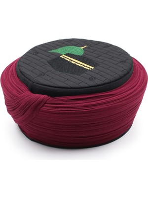 Sarıkhane Hac Umre Sarığı – Bordo Kumaş – Siyah Takke – Düz Sarım – Mekke-Medine – 5 Metre
