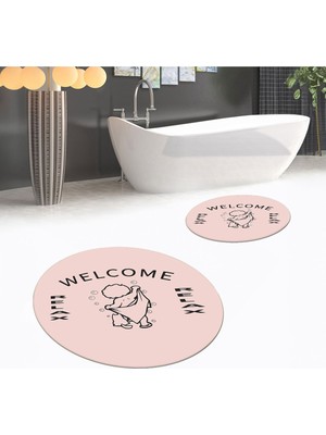 PremiumPort Yıkanabilir, Kaymaz, Dijital Baskılı Yuvarlak Ikili Banyo Paspas Takımı