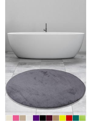 PremiumPort Yumuşak Antrasit Yuvarlak Peluş Banyo Paspası, Kaymaz Taban, Pufidik Hali