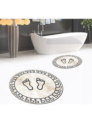 PremiumPort Yıkanabilir, Kaymaz, Dijital Baskılı Yuvarlak Ikili Banyo Paspas Takımı