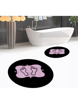PremiumPort Yıkanabilir Yumuşak Dijital Baskılı Yuvarlak Banyo Paspası ve Klozet Takımı