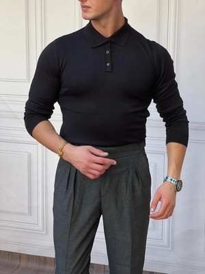 Modefendicom Slimfit Kalıp Pamuk Likra Düğme Detaylı Triko Kazak