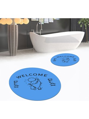 PremiumPort Yıkanabilir Dijital Baskılı Yuvarlak Ikili Banyo Paspası Seti Mavi