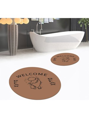 PremiumPort Yıkanabilir Dijital Baskılı Yuvarlak Ikili Banyo Paspas Klozet Takımı