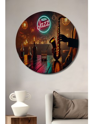 Özgürce 1920'LER Caz Temalı Yağlı Boya Görünümlü Ahşap Yuvarlak Tablo