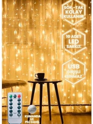 Esmo Home LED Işık 5 Metre Sarı Işık Kornişe Takılabilir Aydınlatma – USB Girişli, Bakır Telli, 10 Halkalı Tasarım, Perde Asma Aparatlı ve Uzaktan Kumandalı Dekoratif Işık Zinciri