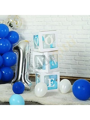 Esmo Home Patladı Gitti One Yazılı Kutu ve Balon Seti - 1 Yaş Doğum Günü Kutlama (Beyaz (Mavi-Beyaz Balon))