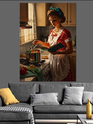 Özgürce Retro Tarzda Kadın Yemek Pişiren Dekoratif Kanvas Tablo, Şık Ev Dekoru