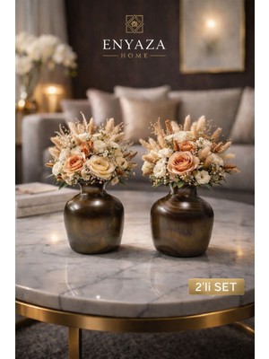 Özgürce Modern Ahşap Görünümlü 2’li Dekoratif Vazo Seti, Bohem Çiçek Uyumlu