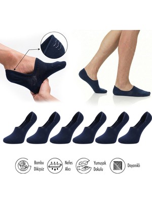 Lion Monroe Saf Bambu Erkek Babet Lacivert Çorap Dikişsiz Görünmez Kaydırmaz Topuk Silikonlu Premium 6'lı Paket S3904AZNS