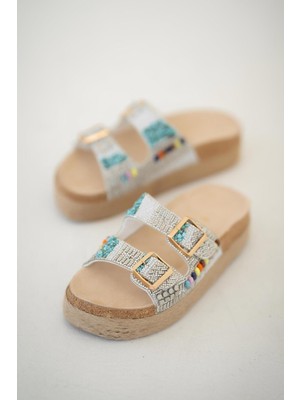 Pabuç Butik Cony Taşlı Tokalı Kadın Terlik Beyaz