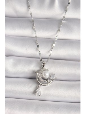 Ronanna 316L Çelik Gümüş Renk Zirkon Taşlı Ay Yıldız Sallantı Detay Kadın Kolye