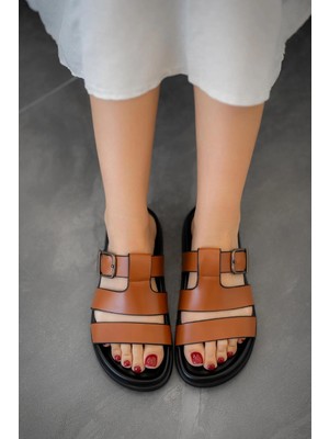 Fotorelli Singapur Kadın Düz Taban Deri Terlik Taba