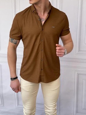 Modefendicom Slim Fit Pamuk Örme Polo Yaka Kısa Kollu Gömlek
