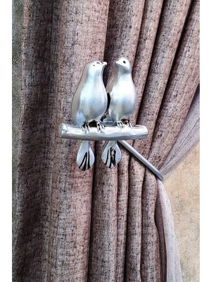 Özgürce Kuş Figürlü Metal Kulp Polyester Perde Takımı Gümüş Renk (2'li)