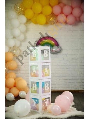 Esmo Home Patladı Gitti 33 Parça Baby Yazılı Şeffaf Kutu ve Balon Seti (Beyaz)