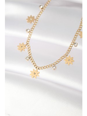 Ronanna 316L Çelik Taşlı Gold Renk Çoklu Çiçek Kolye