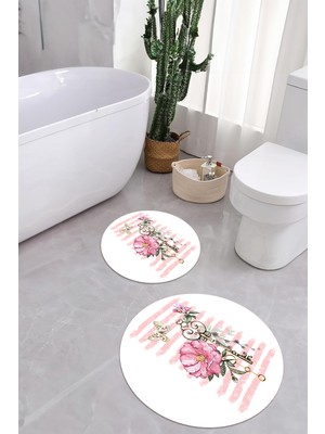 PremiumPort Gül Motifli, Yıkanabilir, Kaymaz Taban, Yuvarlak Banyo Paspası Klozet Takımı
