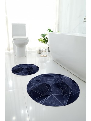 PremiumPort Yıkanabilir Geometrik Desenli Yuvarlak Banyo Paspası Klozet Takımı