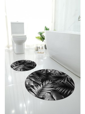 PremiumPort Yıkanabilir Modern Yaprak Desenli Yuvarlak Banyo Paspası ve Klozet Takımı