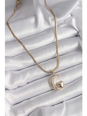 Ronanna 316L Çelik Gold Renk Çelik Italyan Zincir Zirkon Taşlı Halil Figür Kalp Detay Kadın Kolye - Lisinya