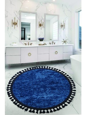 PremiumPort Lacivert Yuvarlak Banyo Paspası 100X100 Cm, Kaymaz, Saçaklı, Makinede Yıkanabilir