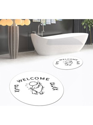 PremiumPort Dijital Baskılı Yuvarlak Yıkanabilir Kaymaz Banyo Paspas Takımı