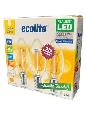 Esmo Home 4W LED Filament Mum Ampul, E14 Duy, 2700K Sarı Işık, 470 Lümen, Şeffaf Cam, Akkor Görünümlü Dekoratif Lamba, 3'lü Paket