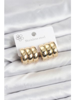 Ronanna 316L Çelik Gold Renk 3&AMP;#39LÜ Görünüm Kadın Küpe