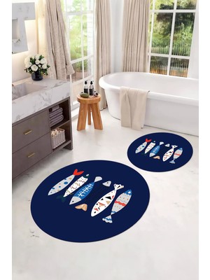 PremiumPort Renkli Balık Desenli Yuvarlak Dijital Banyo Paspası ve Klozet Takımı