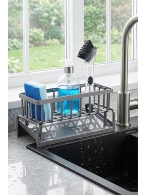 Esmo Home Orret Home Lavabo Organizeri Tezgah Üstü Abs Plastik Mutfak Organizer Banyo Düzenleyici Evye Üstü Süngerlik Sabunluk Organizer Su Hazneli Gri Raf (Metalik Gri)