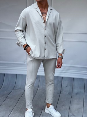 Modefendicom Fitil Desenli Oversize Uzunkol Gömlekli Takım