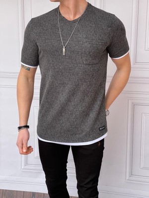 Modefendicom Slim Fit Gofre Kumaş Parçalı Tshırt
