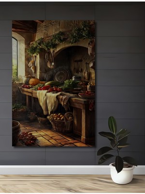 Özgürce Taş Duvarlı Köy Mutfağı Ahşap Dekoratif Tablo, Ev, Ofis, Antre, Salon Dekoru
