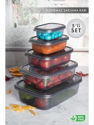 Esmo Home Nare Dikdörtgen Sızdırmaz Saklama Kapları Füme (5'lı Set)
