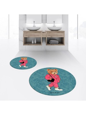 PremiumPort Dijital Baskılı Yuvarlak Yıkanabilir Ikili Banyo Paspası ve Klozet Takımı
