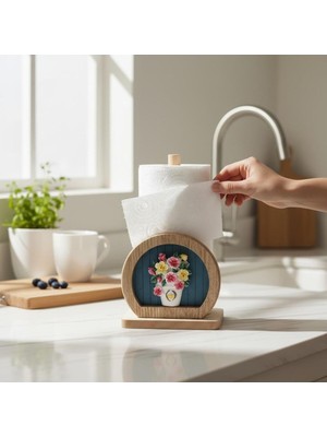 Özgürce Çiçek Figürlü Ahşap Kağıt Havluluk, Dekoratif ve Şık Mutfak Aksesuarı