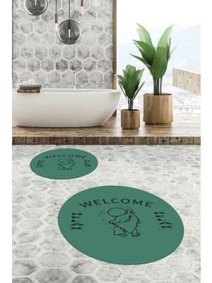 PremiumPort Modern Yıkanabilir Kaymaz Ikili Yuvarlak Banyo Halısı ve Paspas Takımı