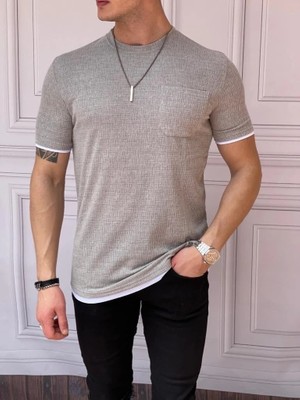 Modefendicom Slim Fit Gofre Kumaş Parçalı Tshırt