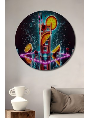 Özgürce Neon Işıltılı Kokteyl Sulu Boya Görünümlü Ahşap Dekoratif Yuvarlak Tablo