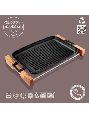 Esmo Home Lava Döküm Grill Tepsi, Izgara Yüzeyli, Metal Kulplu, Ahşap Standlı, 31X42CM