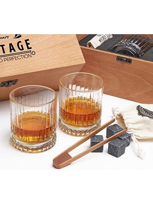 Esmo Home Hediyesepeti 50 Yaş Tasarımlı Ahşap Kutulu 2'li Glasgow Viski Kadeh Seti + 6 Soğutucu Taş