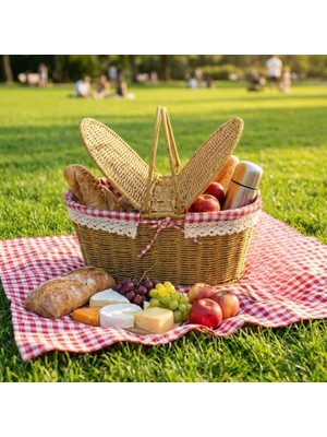 Esmo Home Buffer® Oval Plastik Rattan Piknik Sepeti, Doğal Hasır Görünümlü, Kapaklı, Çok Amaçlı, 40X18X27 Cm, Piknik Plaj Bahçe Için