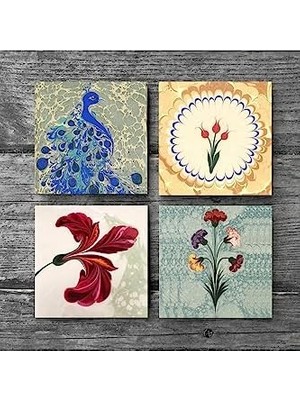 Esmo Home Ebru Sanatı, Lale, Tavus Kuşu Taş Bardak Altlığı Seti - 4 Parça - Dekoratif, Rustik Mutfak Aksesuarı, 10X10 Cm, Kaydırmaz Tabanlı, Şık ve Dayanıklı SC120