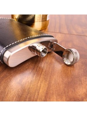 Esmo Home Perlotus 8 Oz 235 cc Hunili Siyah Hakiki Deri Kılıflı Çelik Viski Içki Matarası