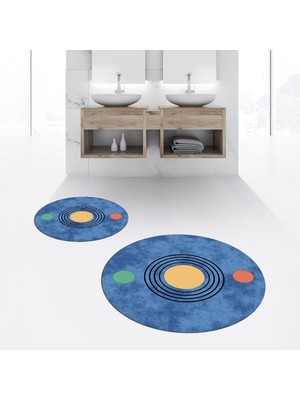 PremiumPort Dijital Baskılı Kaymaz Yıkanabilir Yuvarlak Banyo Paspas ve Klozet Takımı