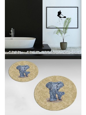 PremiumPort Yıkanabilir Kaymaz Modern Fil Desenli Ikili Banyo Paspası ve Klozet Takımı
