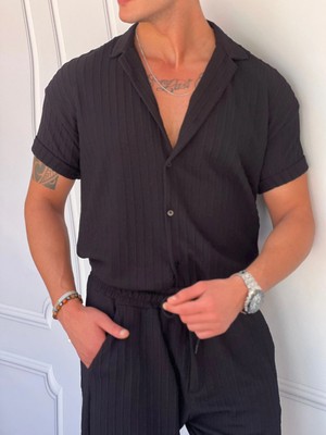 Modefendicom Örgü Desenli Oversize Kesim Kısa Kollu Gömlek