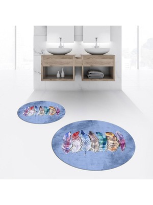 PremiumPort Yıkanabilir Dijital Baskılı Yuvarlak Ikili Banyo Paspas Klozet Takımı