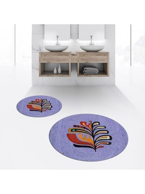 PremiumPort Yıkanabilir, Kaymaz, Dijital Baskılı Yuvarlak Banyo Paspası ve Klozet Takımı